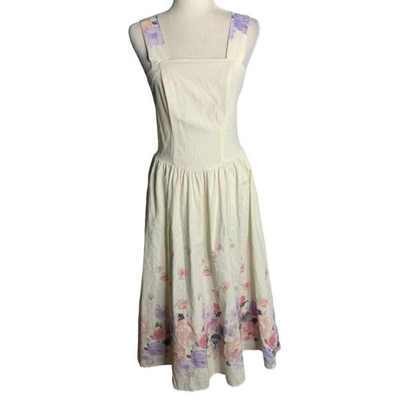 Vintage 80s Floral Stripe Swing Dress S White Sleeveless Boning Cottage Core - Picture 1 of 8